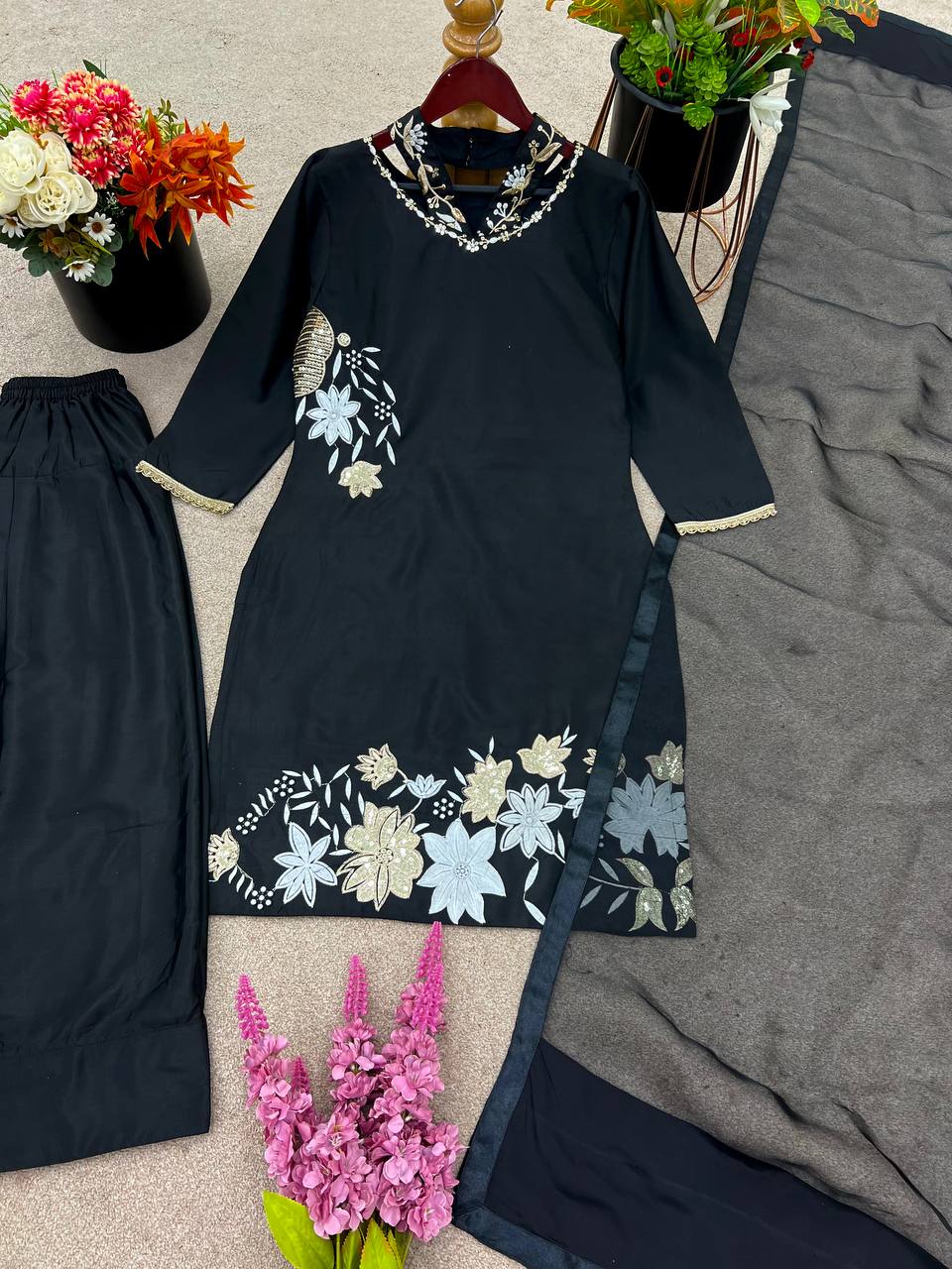 Presenting New Designer Collection In Natural Crep Silk Top-Bottom And Dupatta Set Fully Stitched Ready To Wear