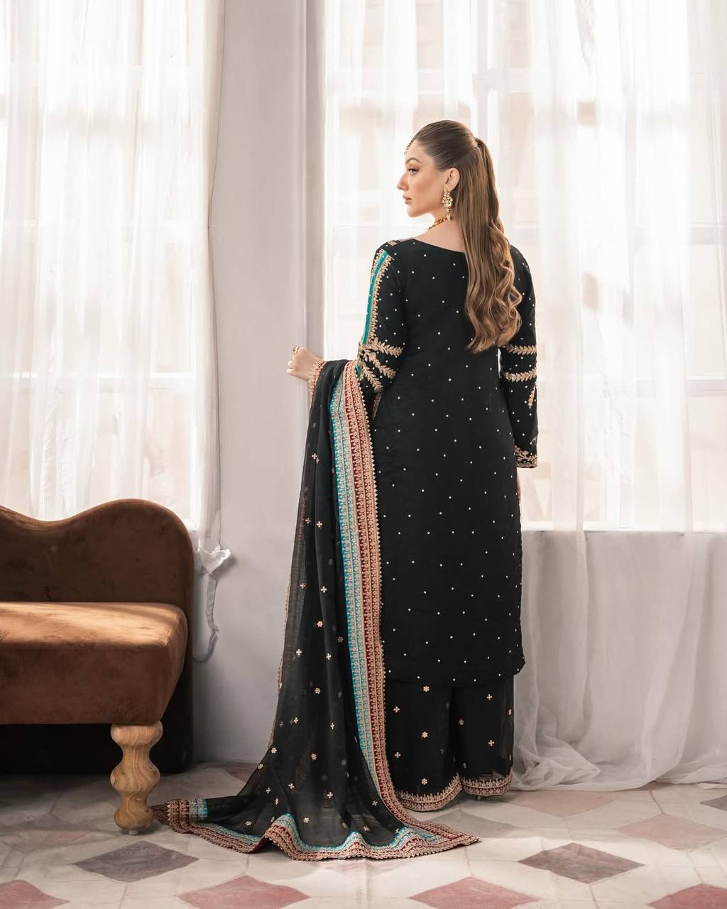 DESIGNER PARTY WEAR HEAVY EMBROIDERY SEQUENCE WORK 3 PIS SUIT SET