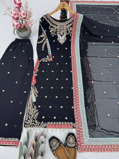 DESIGNER PARTY WEAR HEAVY EMBROIDERY SEQUENCE WORK 3 PIS SUIT SET