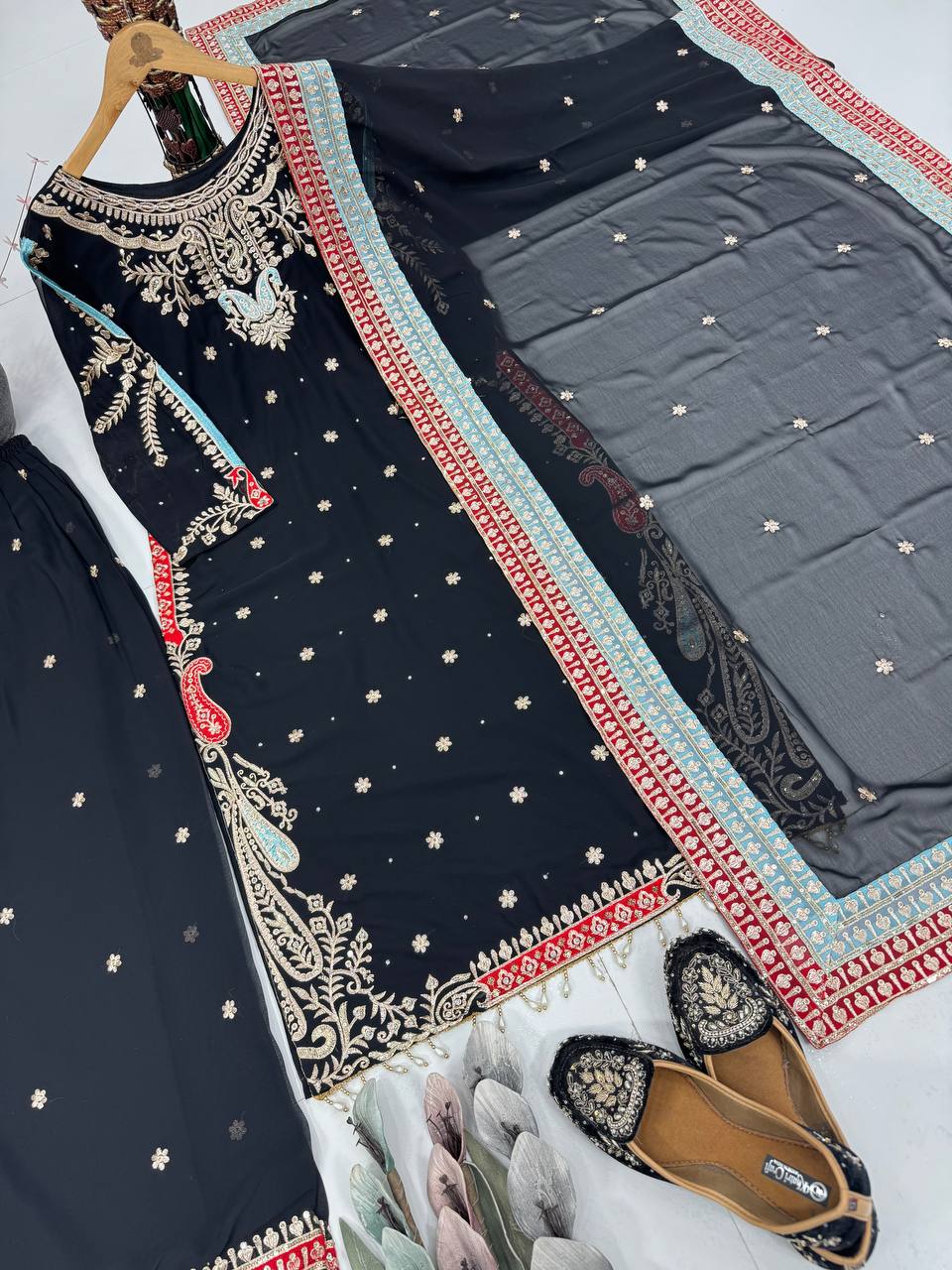 DESIGNER PARTY WEAR HEAVY EMBROIDERY SEQUENCE WORK 3 PIS SUIT SET