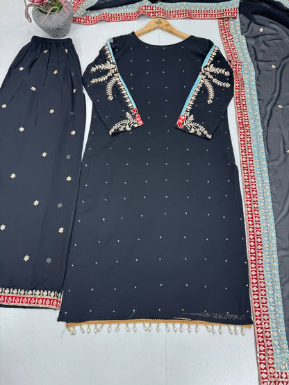 DESIGNER PARTY WEAR HEAVY EMBROIDERY SEQUENCE WORK 3 PIS SUIT SET