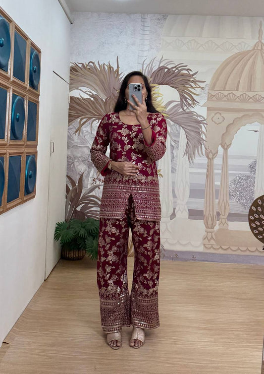 WE ARE LAUNCHING NEW SUPERHIT TRENDING SUMMER COLLECTION CO-ORD SET WITH FULL EMBROIDERY WORK ON DOLA SILK WEAVING FABRIC