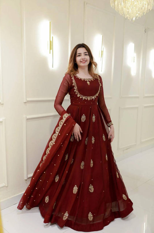 EXCLUSIVE 2 PIECE GOWN WITH DUPATTA IN SEQUENCE EMBROIDERY WORK  single available wholesale