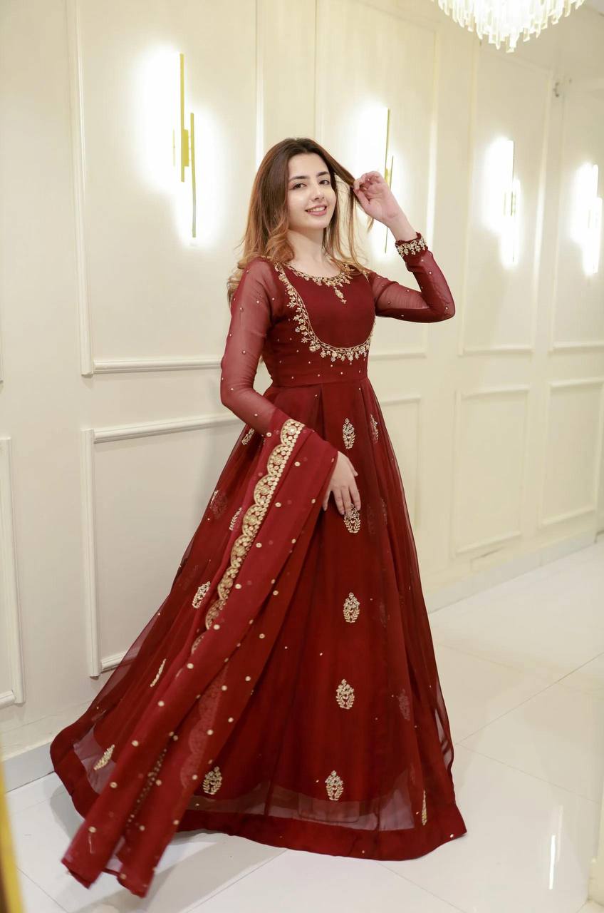 EXCLUSIVE 2 PIECE GOWN WITH DUPATTA IN SEQUENCE EMBROIDERY WORK  single available wholesale