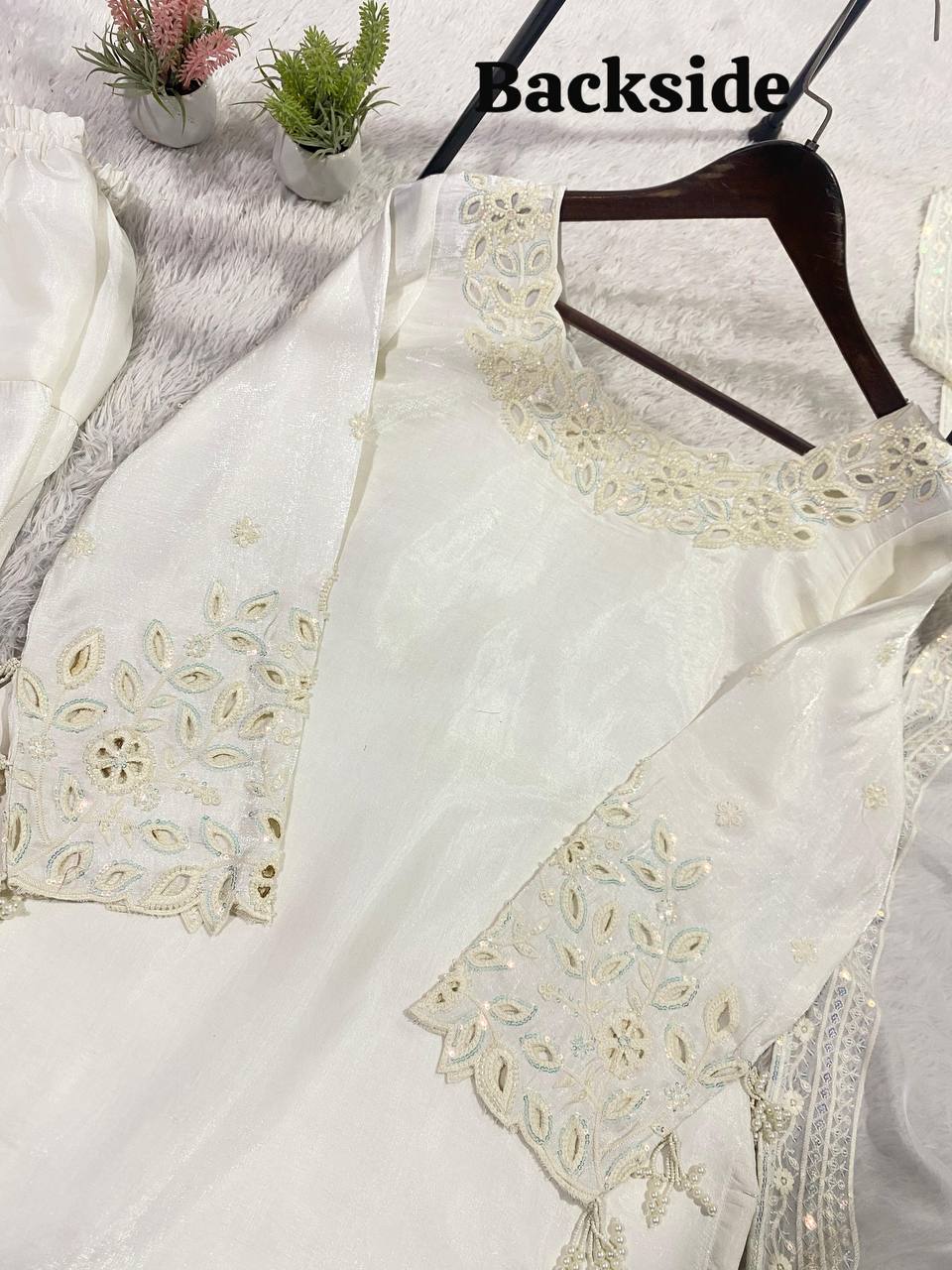 HANIA AMIR INSPIRED BEADS WITH SEQUENCE EMBROIDERY WORKED TOP, FARSI SALWAAR WITH DUPATTA