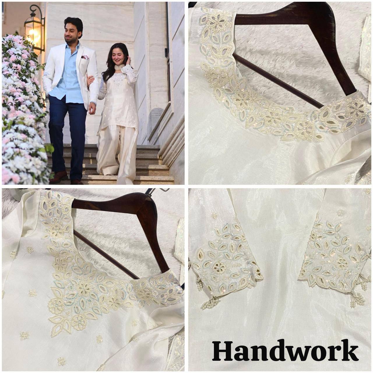 HANIA AMIR INSPIRED BEADS WITH SEQUENCE EMBROIDERY WORKED TOP, FARSI SALWAAR WITH DUPATTA