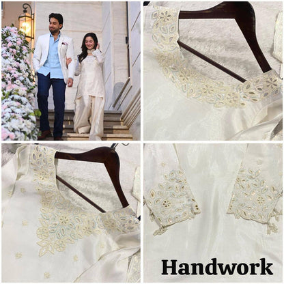 HANIA AMIR INSPIRED BEADS WITH SEQUENCE EMBROIDERY WORKED TOP, FARSI SALWAAR WITH DUPATTA