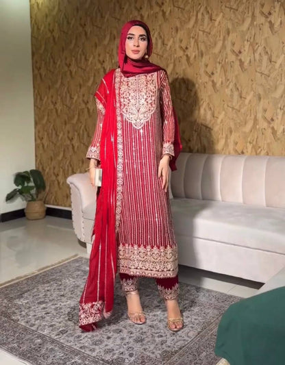 NEW ĐĚSIGNER PARTY WEAR TOP AND PANT . WITH FANCY DUPPATA WITH  EMBROIDERY WORK