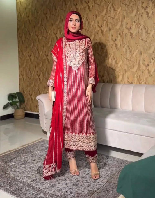 NEW ĐĚSIGNER PARTY WEAR TOP AND PANT . WITH FANCY DUPPATA WITH  EMBROIDERY WORK