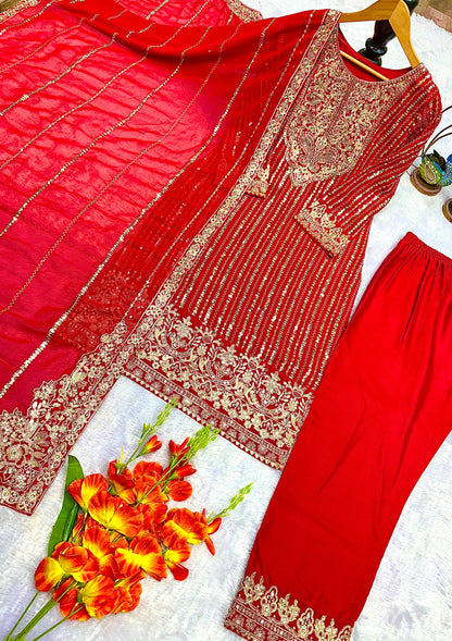 NEW ĐĚSIGNER PARTY WEAR TOP AND PANT . WITH FANCY DUPPATA WITH  EMBROIDERY WORK