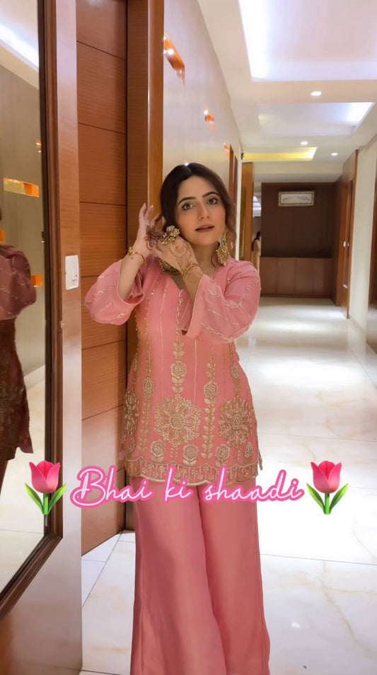 DESIGNER WEAR EXCLUSIVE EMBROIDERED TOP WITH PLAZZO PAIR single available wholesale