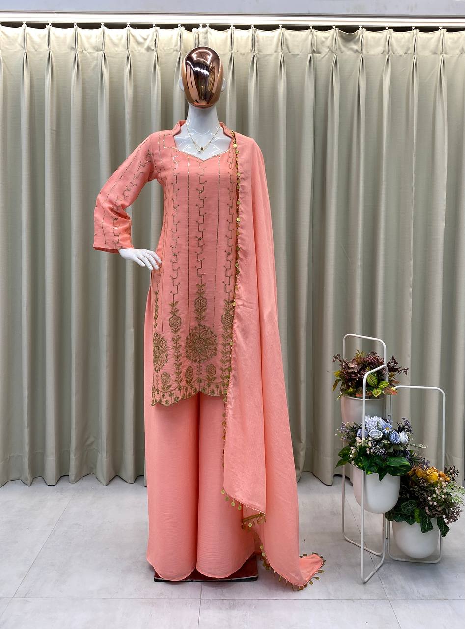 DESIGNER WEAR EXCLUSIVE EMBROIDERED TOP WITH PLAZZO PAIR single available wholesale