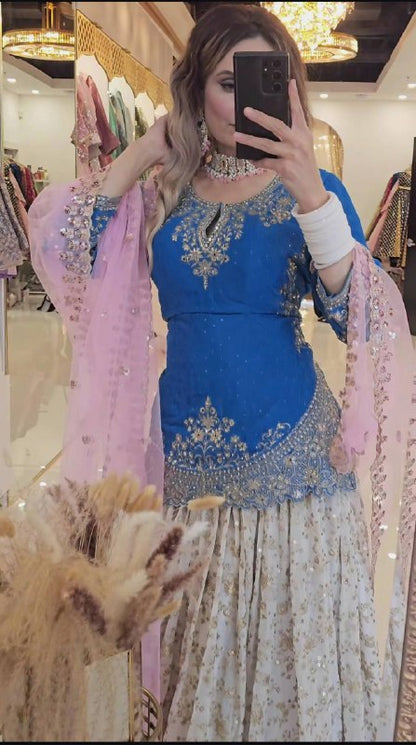 ĐĚSIGNER PARTY WEAR TOP AND LAHENGHA. WITH FANCY DUPPATA AND EMBROIDERY WORK