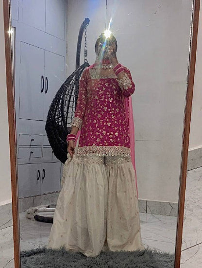 New Designer Collection In GMY SILK With Heavy Embroidery Sequence Work Top-Bottom And Dupatta Set Fully Stitched Ready To Wear