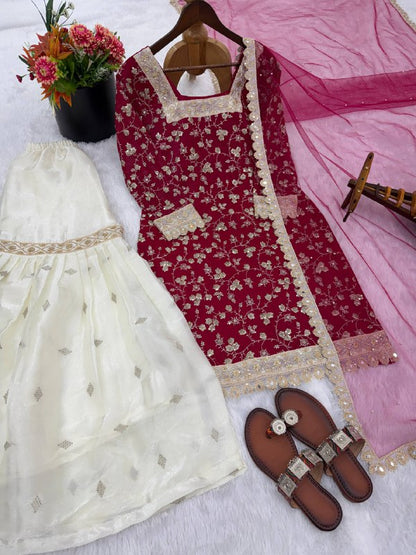 New Designer Collection In GMY SILK With Heavy Embroidery Sequence Work Top-Bottom And Dupatta Set Fully Stitched Ready To Wear