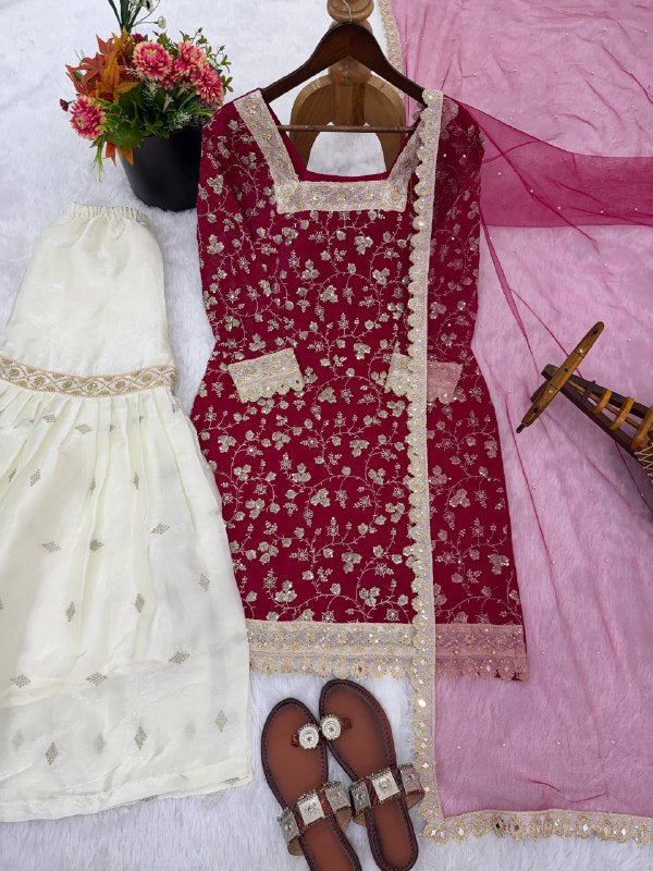 New Designer Collection In GMY SILK With Heavy Embroidery Sequence Work Top-Bottom And Dupatta Set Fully Stitched Ready To Wear