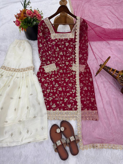 New Designer Collection In GMY SILK With Heavy Embroidery Sequence Work Top-Bottom And Dupatta Set Fully Stitched Ready To Wear