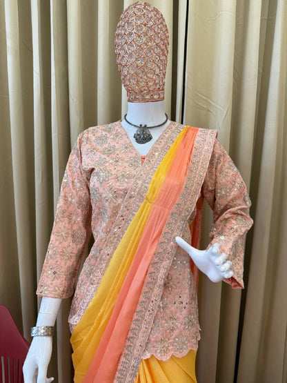 INDO-WESTERN DRAPE SAREE….* 🚀 *🥻WE ARE LAUNCHING NEW SUPERHIT TRENDING INDO-WESTERN READY TO WEAR SAREE WITH FULLY EMBROIDERED KOTI ON  CHINON FABRIC WITH STITCH BLOUSE