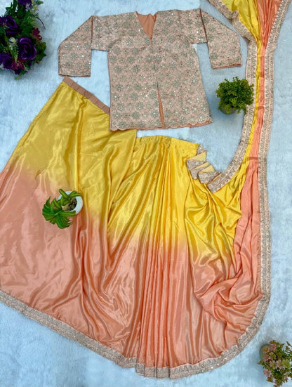 INDO-WESTERN DRAPE SAREE….* 🚀 *🥻WE ARE LAUNCHING NEW SUPERHIT TRENDING INDO-WESTERN READY TO WEAR SAREE WITH FULLY EMBROIDERED KOTI ON  CHINON FABRIC WITH STITCH BLOUSE