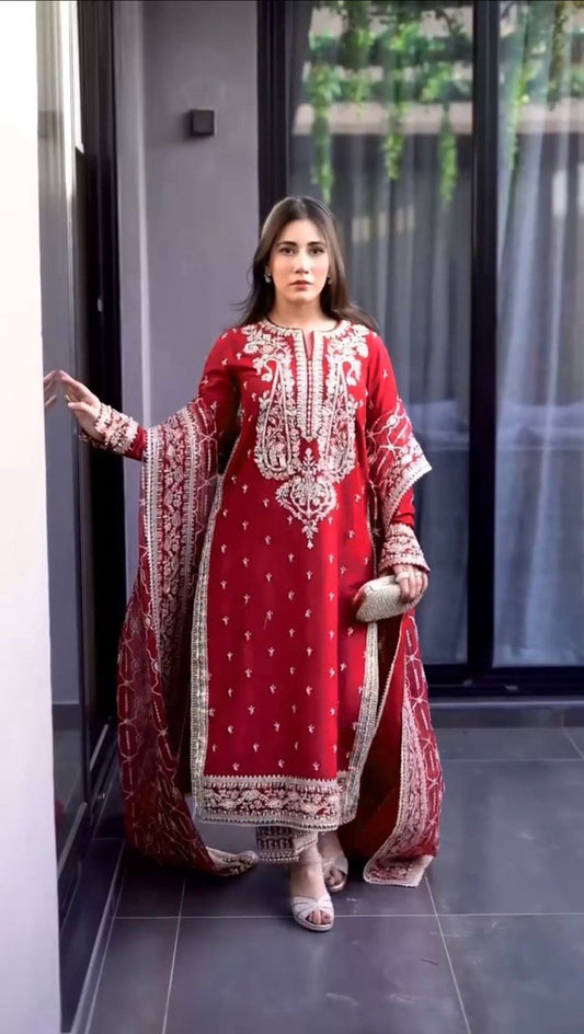 Looking for this same colour beautiful Designer Suit on Roman Silk febric With Thred & Sequnce work and Palzoo on also Roman Silk febric With Thred & Sequnce work and Dupatta on Faux Georgette febric with Thred & Sequence work.
