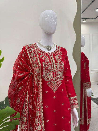 Looking for this same colour beautiful Designer Suit on Roman Silk febric With Thred & Sequnce work and Palzoo on also Roman Silk febric With Thred & Sequnce work and Dupatta on Faux Georgette febric with Thred & Sequence work.