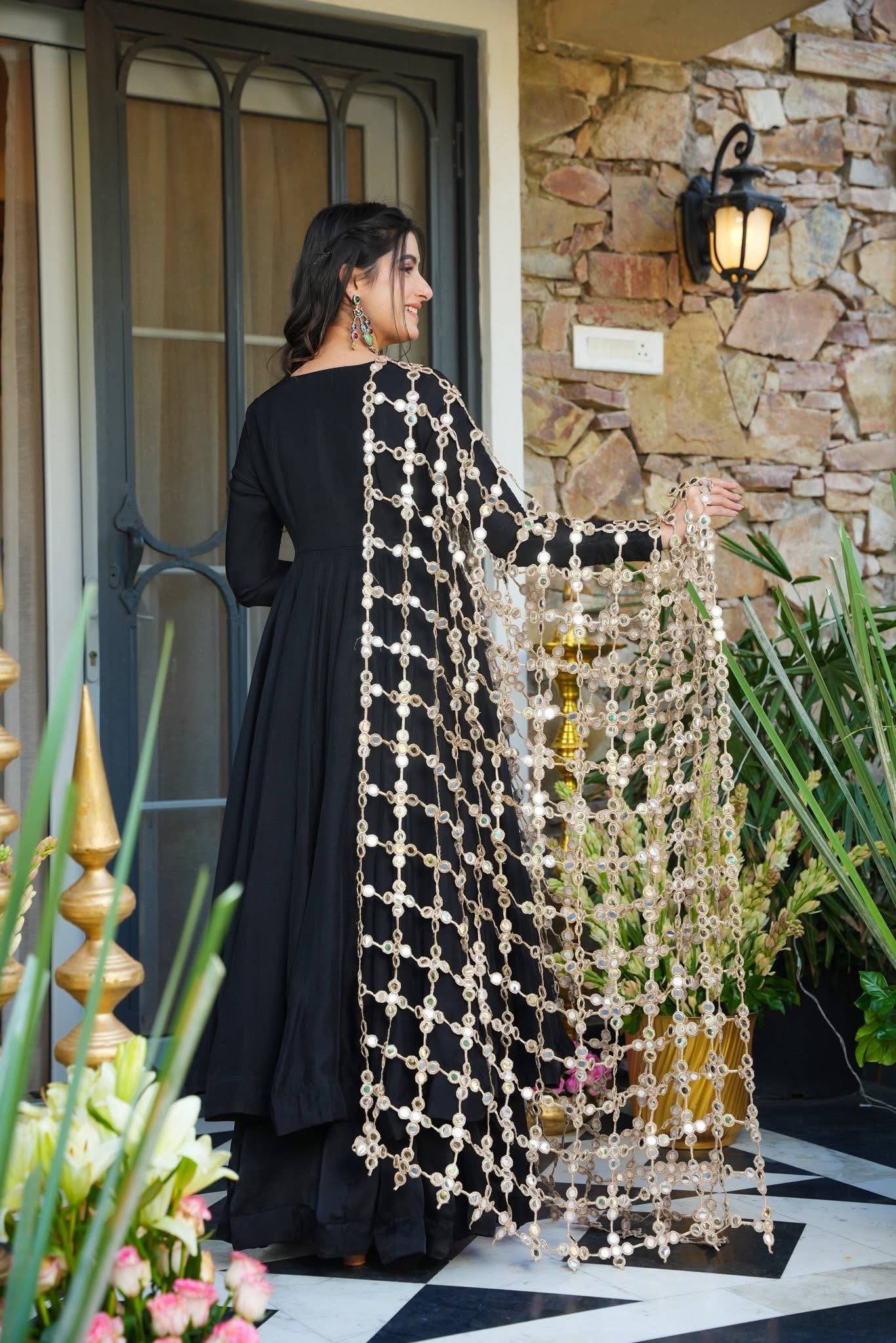 TRENDING ROMAN SILK FABRIC 3 PIECE SET TOP,BOTTOM & DUPATTA WITH EMBROIDERY & REAL MIRROR WORK