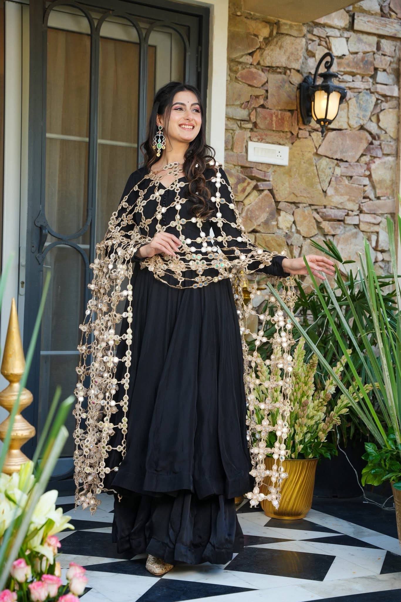 TRENDING ROMAN SILK FABRIC 3 PIECE SET TOP,BOTTOM & DUPATTA WITH EMBROIDERY & REAL MIRROR WORK