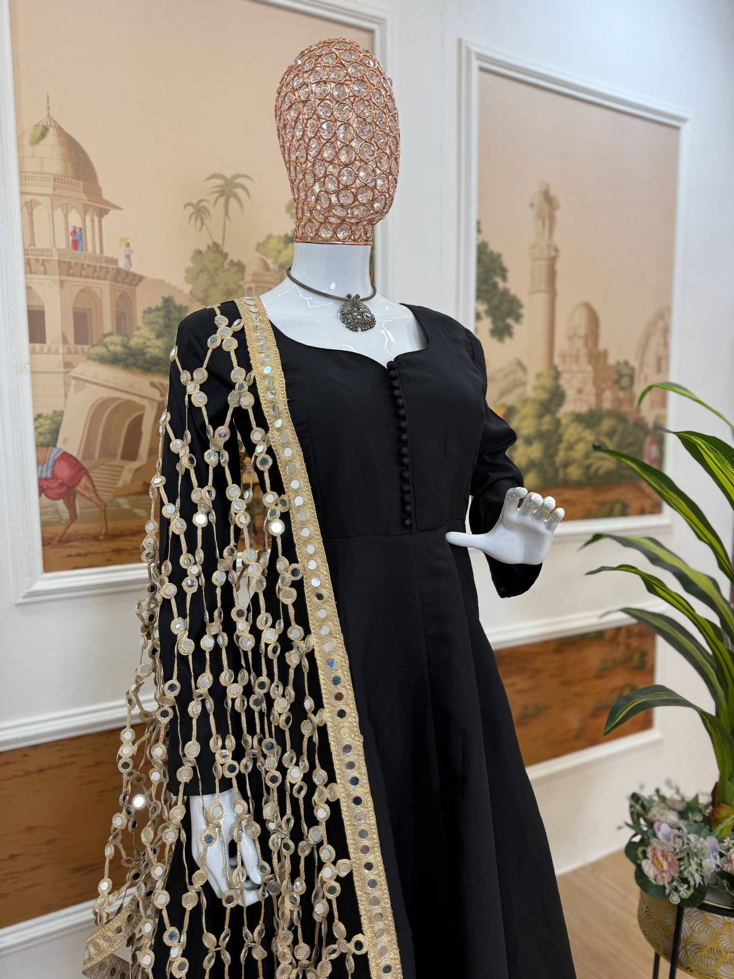 TRENDING ROMAN SILK FABRIC 3 PIECE SET TOP,BOTTOM & DUPATTA WITH EMBROIDERY & REAL MIRROR WORK