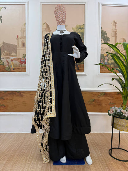 TRENDING ROMAN SILK FABRIC 3 PIECE SET TOP,BOTTOM & DUPATTA WITH EMBROIDERY & REAL MIRROR WORK