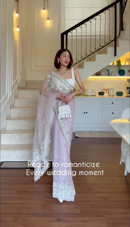 NEW SUPERHIT SAREE ON NYLON NET FABRIC WITH HEAVY EMBROIDERY & CUT-WORK BORDER WITH UNSTITCHED BLOUSE