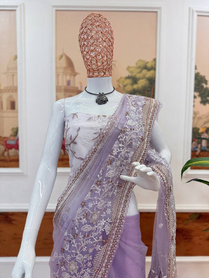 NEW SUPERHIT SAREE ON NYLON NET FABRIC WITH HEAVY EMBROIDERY & CUT-WORK BORDER WITH UNSTITCHED BLOUSE