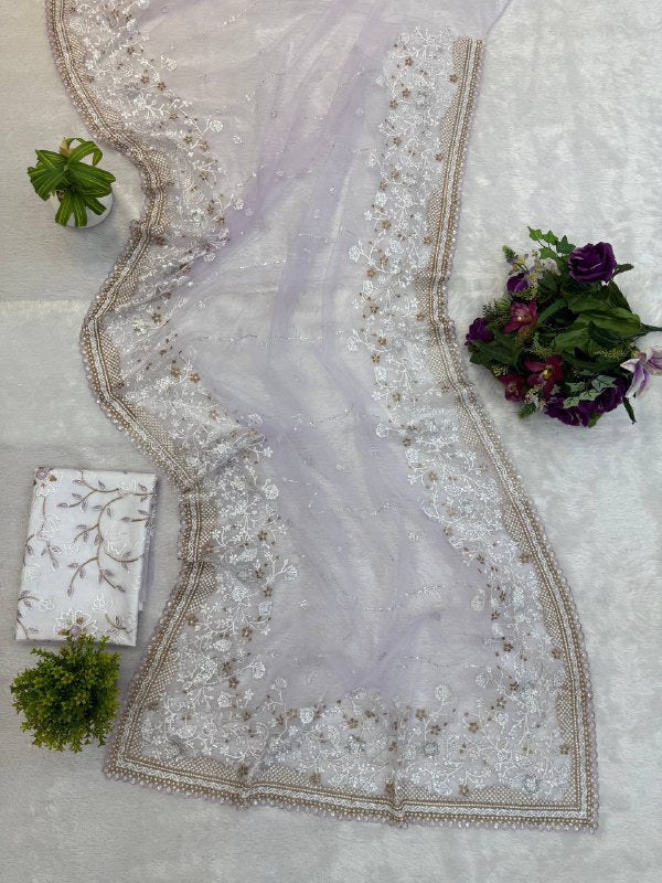 NEW SUPERHIT SAREE ON NYLON NET FABRIC WITH HEAVY EMBROIDERY & CUT-WORK BORDER WITH UNSTITCHED BLOUSE
