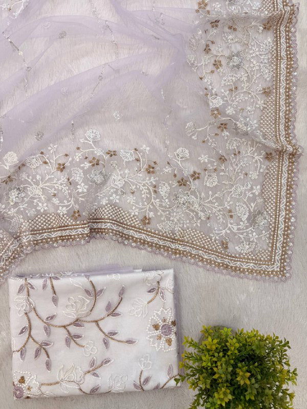 NEW SUPERHIT SAREE ON NYLON NET FABRIC WITH HEAVY EMBROIDERY & CUT-WORK BORDER WITH UNSTITCHED BLOUSE