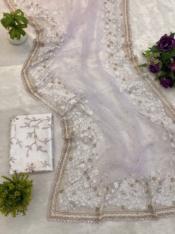 NEW SUPERHIT SAREE ON NYLON NET FABRIC WITH HEAVY EMBROIDERY & CUT-WORK BORDER WITH UNSTITCHED BLOUSE