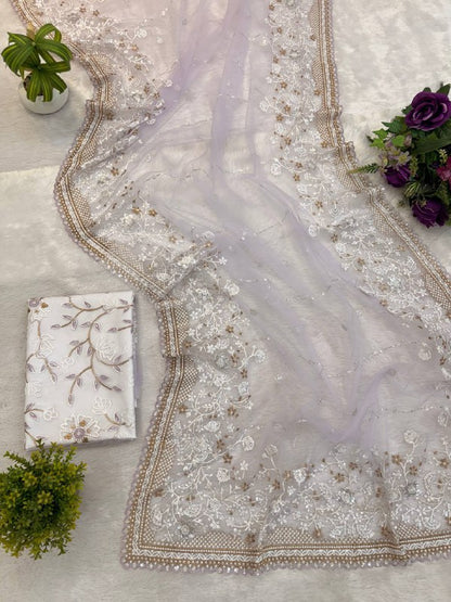 NEW SUPERHIT SAREE ON NYLON NET FABRIC WITH HEAVY EMBROIDERY & CUT-WORK BORDER WITH UNSTITCHED BLOUSE