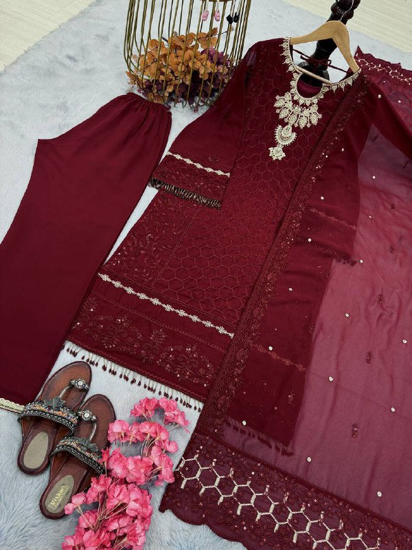 Party Wear Look Pur Heavy Faux Georgette Top Plazzo & Dupatta Set WEDDING