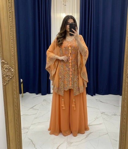 DESIGNER WEAR KURTA PLAZZO PAIR WITH SHRUGE IN SEQUENCE EMBROIDERY WORK