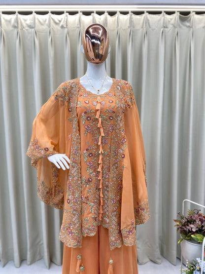 DESIGNER WEAR KURTA PLAZZO PAIR WITH SHRUGE IN SEQUENCE EMBROIDERY WORK