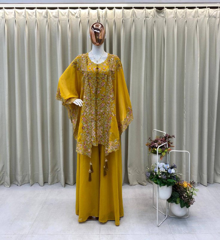 DESIGNER WEAR KURTA PLAZZO PAIR WITH SHRUGE IN SEQUENCE EMBROIDERY WORK