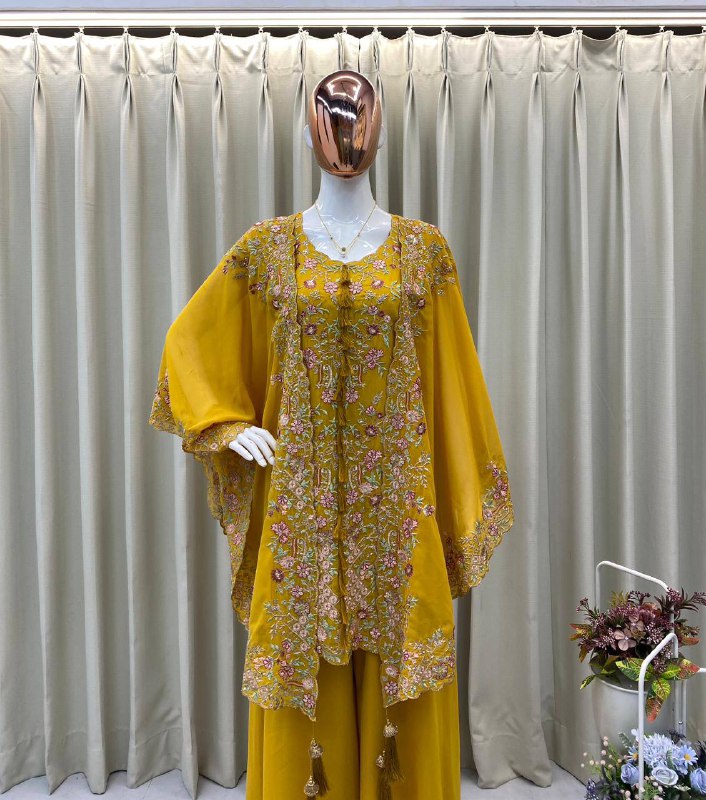 DESIGNER WEAR KURTA PLAZZO PAIR WITH SHRUGE IN SEQUENCE EMBROIDERY WORK