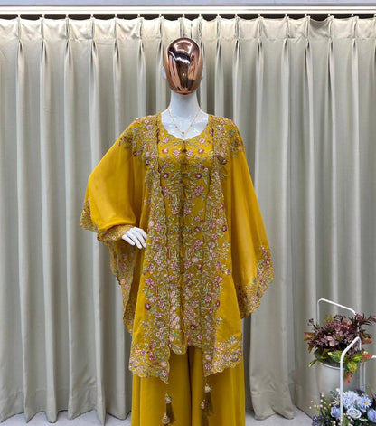 DESIGNER WEAR KURTA PLAZZO PAIR WITH SHRUGE IN SEQUENCE EMBROIDERY WORK