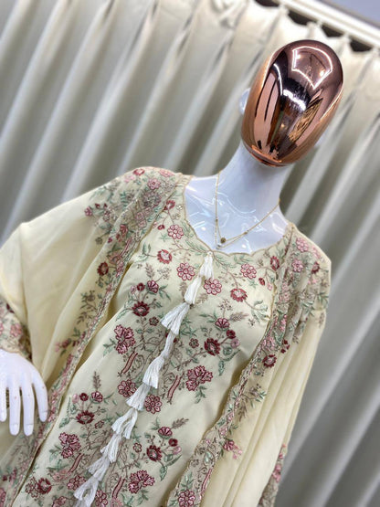 DESIGNER WEAR KURTA PLAZZO PAIR WITH SHRUGE IN SEQUENCE EMBROIDERY WORK