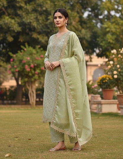 Designer Collection In GMY SILK With Heavy Embroidery Sequence Work Top-Bottom And Dupatta Set Fully Stitched Ready To Wear