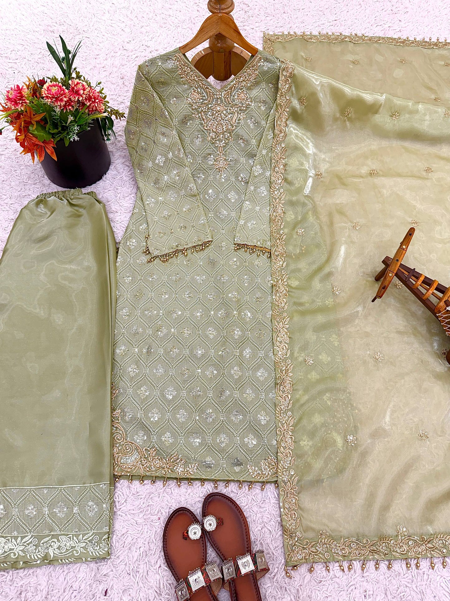 Designer Collection In GMY SILK With Heavy Embroidery Sequence Work Top-Bottom And Dupatta Set Fully Stitched Ready To Wear