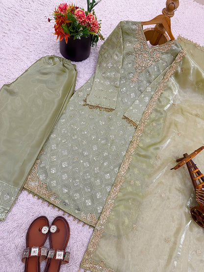Designer Collection In GMY SILK With Heavy Embroidery Sequence Work Top-Bottom And Dupatta Set Fully Stitched Ready To Wear