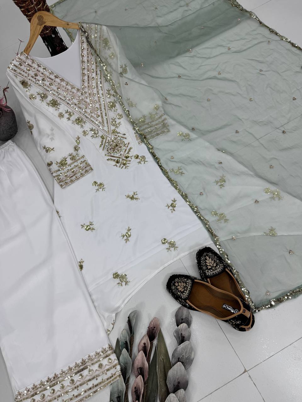 DESIGNER HEAVY NATURAL SILK EMBROIDERY SEQUENCE WORK FANCY SALWAR SUIT single available wholesale