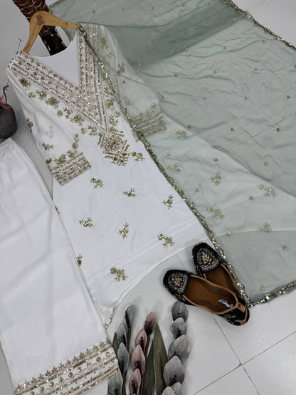 DESIGNER HEAVY NATURAL SILK EMBROIDERY SEQUENCE WORK FANCY SALWAR SUIT single available wholesale