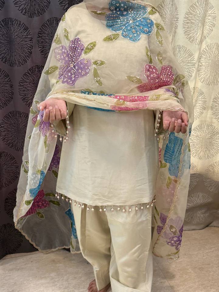 NEW ĐĚSIGNER PARTY WEAR TOP AND FARSI SALVAR. WITH FANCY DUPPATA WITH  EMBROIDERY WORK*