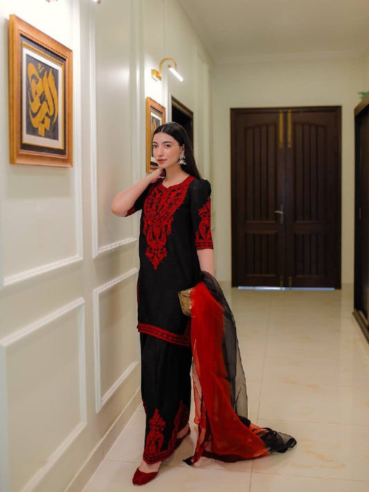 Đěsigner Party Wear Look Pur Chinon Silk Top & Palazzo With Dupatta set  single available wholesale