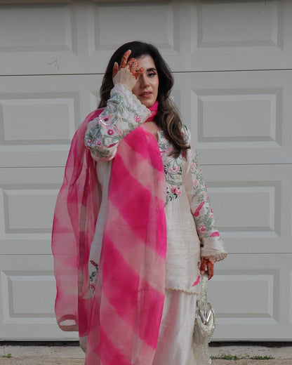 New Designer Collection In Natural Crep Silk Top-Bottom And Dupatta Set Fully Stitched Ready To Wear